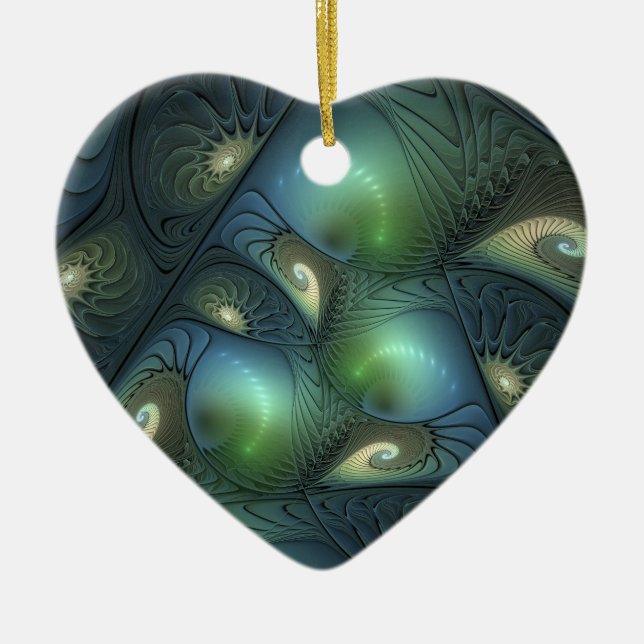 Spirals Teal Beige Green Abstract Fractal Art Ceramic Ornament (Front)