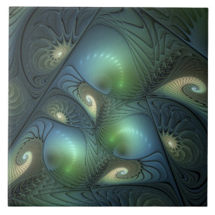 Spirals Teal Beige Green Abstract Fractal Art Ceramic Tile
