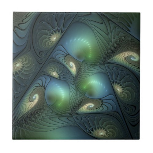 Spirals Teal Beige Green Abstract Fractal Art Ceramic Tile