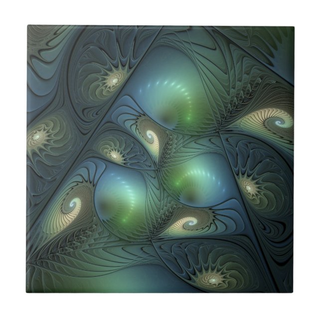 Spirals Teal Beige Green Abstract Fractal Art Ceramic Tile (Front)