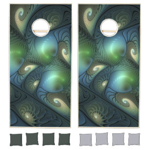 Spirals Teal Beige Green Abstract Fractal Art Cornhole Set