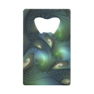 Spirals Teal Beige Green Abstract Fractal Art Credit Card Bottle Opener