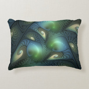Spirals Teal Beige Green Abstract Fractal Art Decorative Pillow