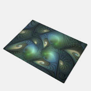 Spirals Teal Beige Green Abstract Fractal Art Doormat