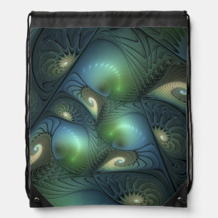 Spirals Teal Beige Green Abstract Fractal Art Drawstring Bag