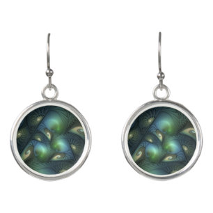 Spirals Teal Beige Green Abstract Fractal Art Earrings