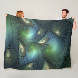 Spirals Teal Beige Green Abstract Fractal Art Fleece Blanket