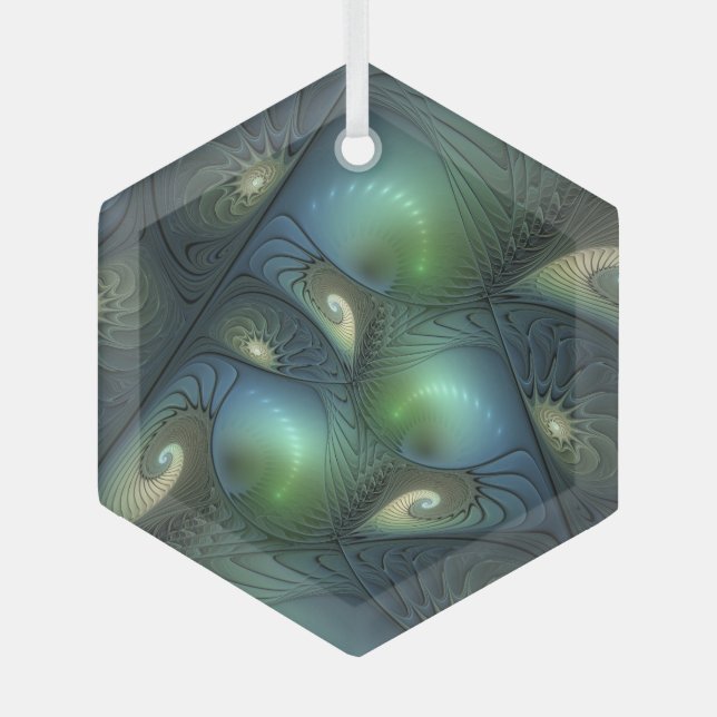 Spirals Teal Beige Green Abstract Fractal Art Glass Ornament (Front)