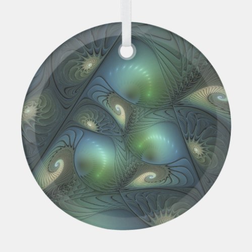 Spirals Teal Beige Green Abstract Fractal Art Glass Ornament