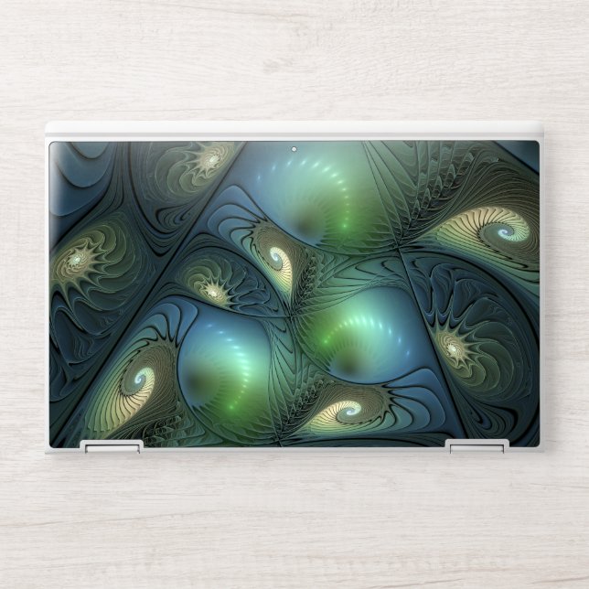 Spirals Teal Beige Green Abstract Fractal Art HP Laptop Skin (Front)