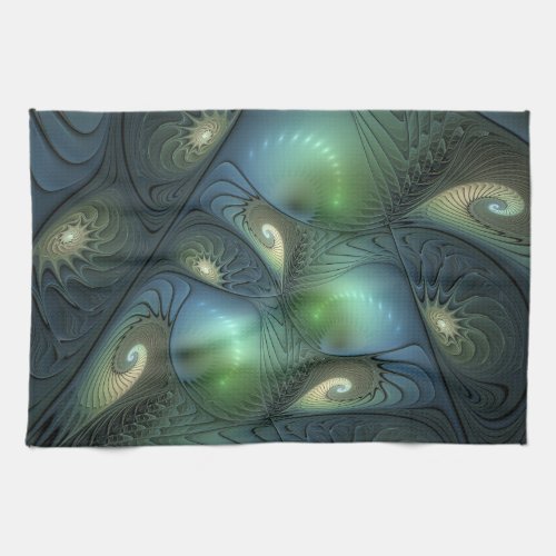 Spirals Teal Beige Green Abstract Fractal Art Kitchen Towel