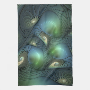 Spirals Teal Beige Green Abstract Fractal Art Kitchen Towel