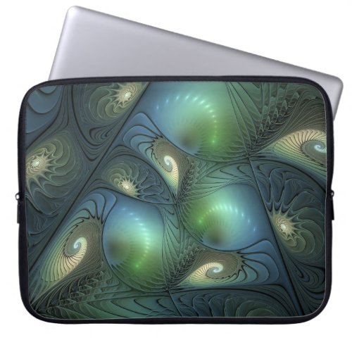 Spirals Teal Beige Green Abstract Fractal Art Laptop Sleeve