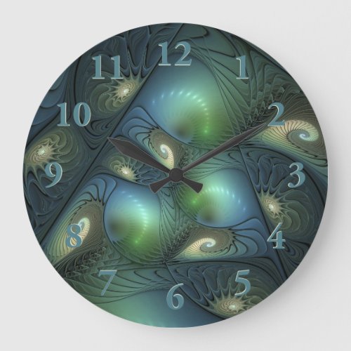 Spirals Teal Beige Green Abstract Fractal Art Large Clock