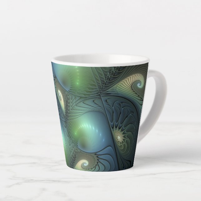Spirals Teal Beige Green Abstract Fractal Art Latte Mug (Right Angle)