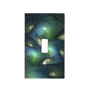 Spirals Teal Beige Green Abstract Fractal Art Light Switch Cover