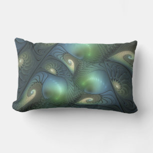 Spirals Teal Beige Green Abstract Fractal Art Lumbar Pillow