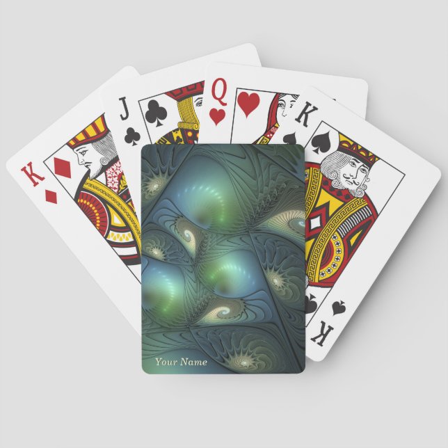 Spirals Teal Beige Green Abstract Fractal Art Name Poker Cards (Back)