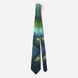 Spirals Teal Beige Green Abstract Fractal Art Neck Tie