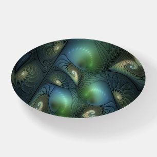 Spirals Teal Beige Green Abstract Fractal Art Paperweight