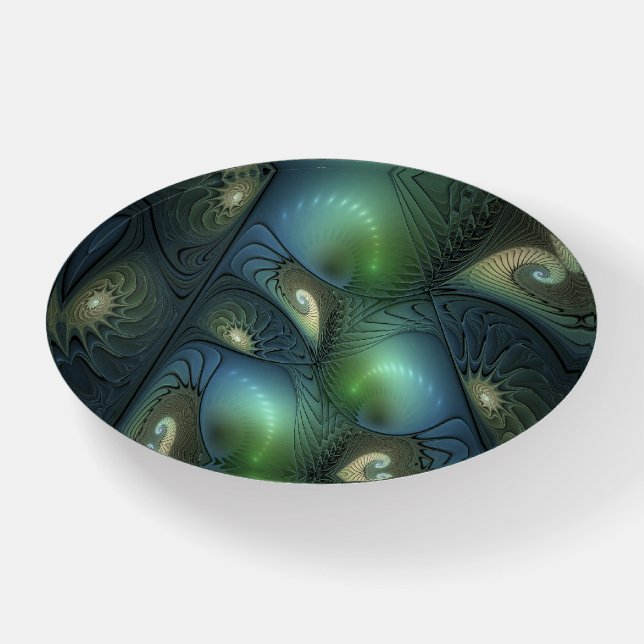 Spirals Teal Beige Green Abstract Fractal Art Paperweight (Front)