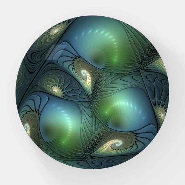 Spirals Teal Beige Green Abstract Fractal Art Paperweight (Front)