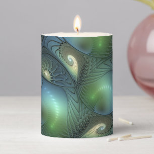 Spirals Teal Beige Green Abstract Fractal Art Pillar Candle