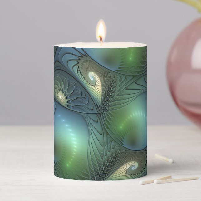 Spirals Teal Beige Green Abstract Fractal Art Pillar Candle (In Situ)