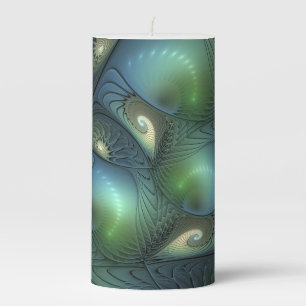 Spirals Teal Beige Green Abstract Fractal Art Pillar Candle
