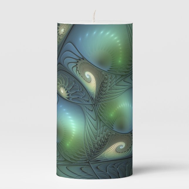 Spirals Teal Beige Green Abstract Fractal Art Pillar Candle (Front)