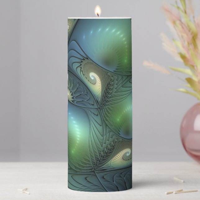 Spirals Teal Beige Green Abstract Fractal Art Pillar Candle (In Situ)