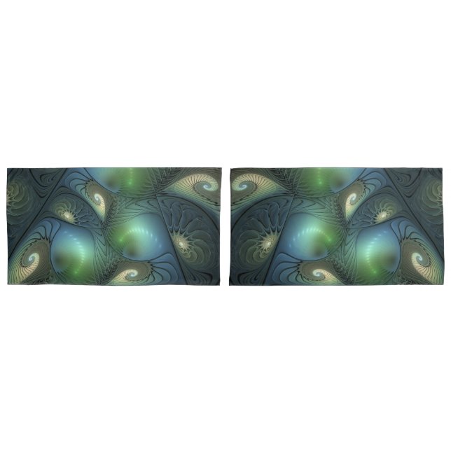 Spirals Teal Beige Green Abstract Fractal Art Pillow Case (Front-Set)
