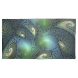 Spirals Teal Beige Green Abstract Fractal Art Pillow Case
