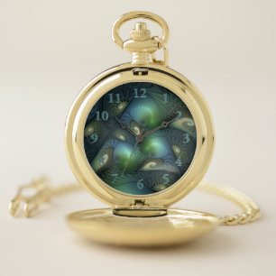 Spirals Teal Beige Green Abstract Fractal Art Pocket Watch