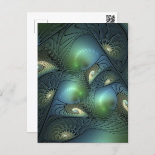 Spirals Teal Beige Green Abstract Fractal Art Postcard
