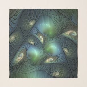 Spirals Teal Beige Green Abstract Fractal Art Scarf