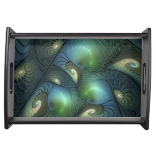 Spirals Teal Beige Green Abstract Fractal Art Serving Tray