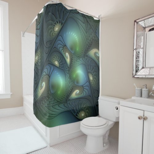 Spirals Teal Beige Green Abstract Fractal Art Shower Curtain