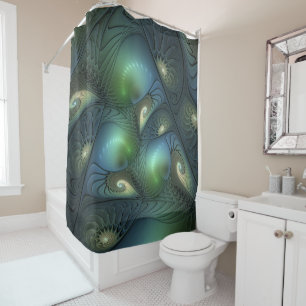 Spirals Teal Beige Green Abstract Fractal Art Shower Curtain