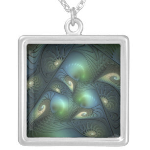 Spirals Teal Beige Green Abstract Fractal Art Silver Plated Necklace