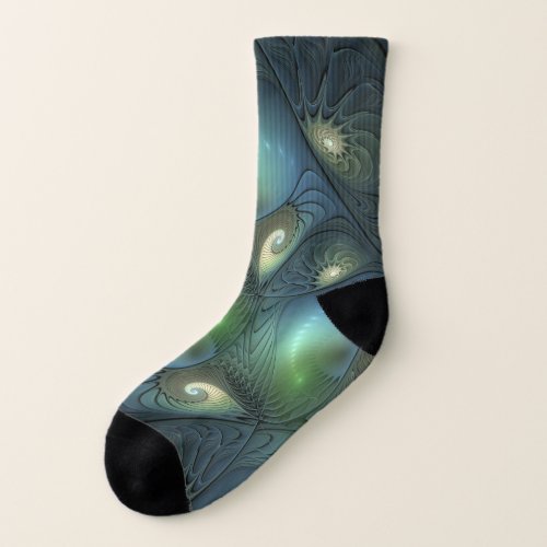 Spirals Teal Beige Green Abstract Fractal Art Socks