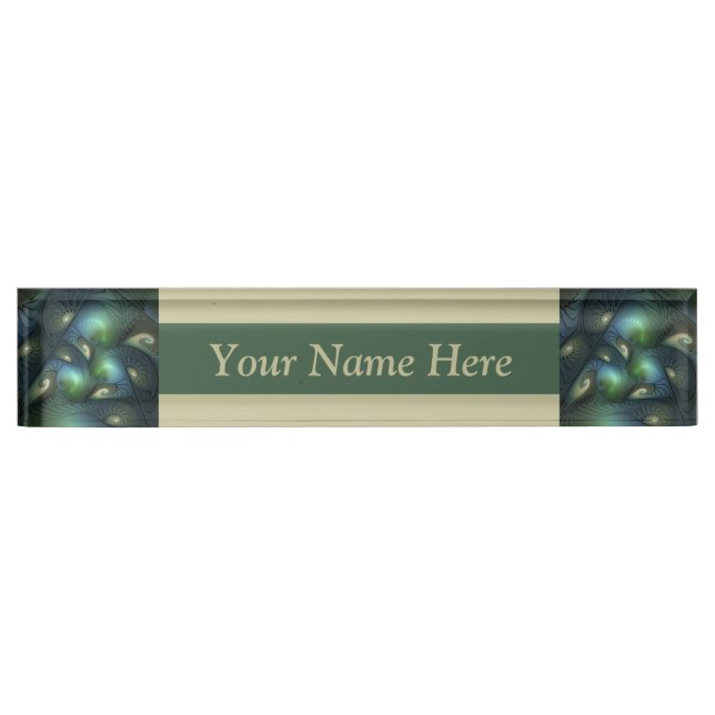 Spirals Teal Beige Green Abstract Fractal Art Text Desk Name Plate (Front)