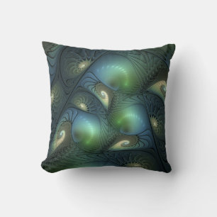 Spirals Teal Beige Green Abstract Fractal Art Throw Pillow