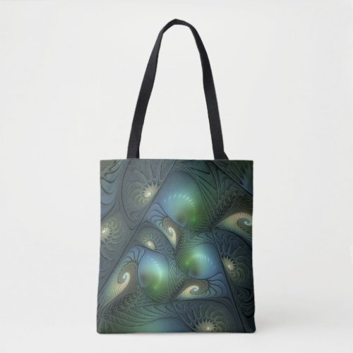 Spirals Teal Beige Green Abstract Fractal Art Tote Bag