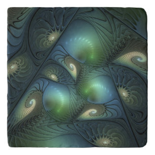 Spirals Teal Beige Green Abstract Fractal Art Trivet