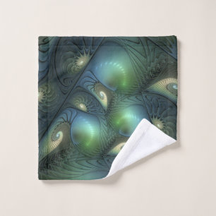 Spirals Teal Beige Green Abstract Fractal Art Wash Cloth