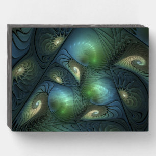 Spirals Teal Beige Green Abstract Fractal Art Wooden Box Sign