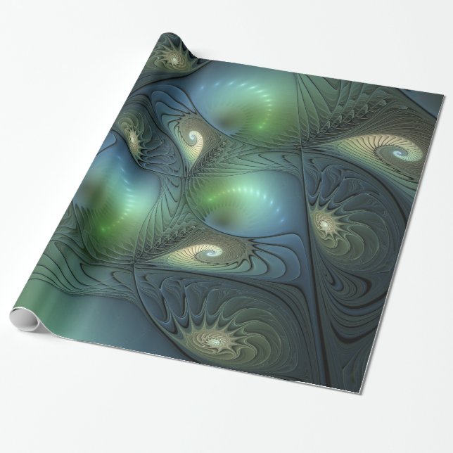 Spirals Teal Beige Green Abstract Fractal Art Wrapping Paper (Unrolled)