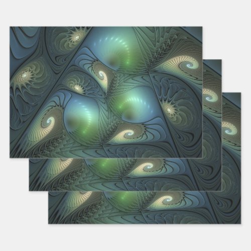 Spirals Teal Beige Green Abstract Fractal Art Wrapping Paper Sheets