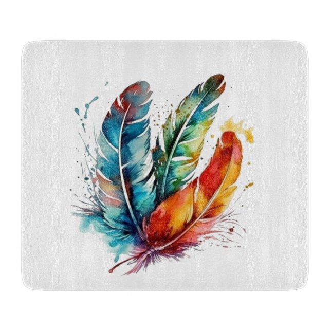 Spirit Feathers: Vibrant Watercolor Art Cutting Board (Front)